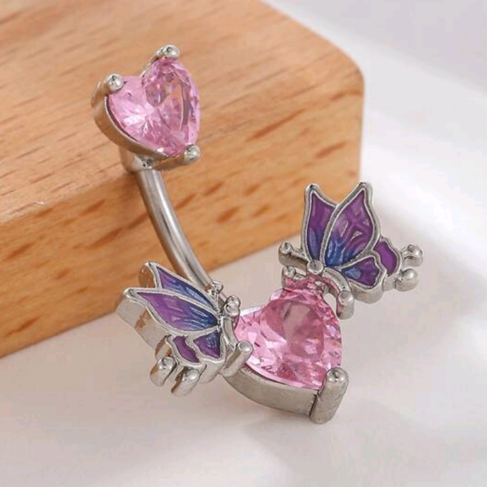 🦋16G Pink Heart Rhinestone Double Enamel Butterflies Bellybutton Jewelry (OS)🦋